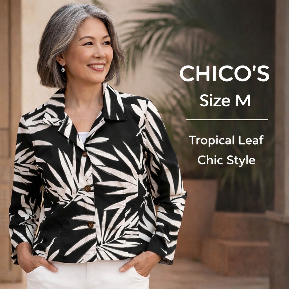 Chico's Palm Print Jacket Womens Sz M Black White Tropical Button Front Blazer